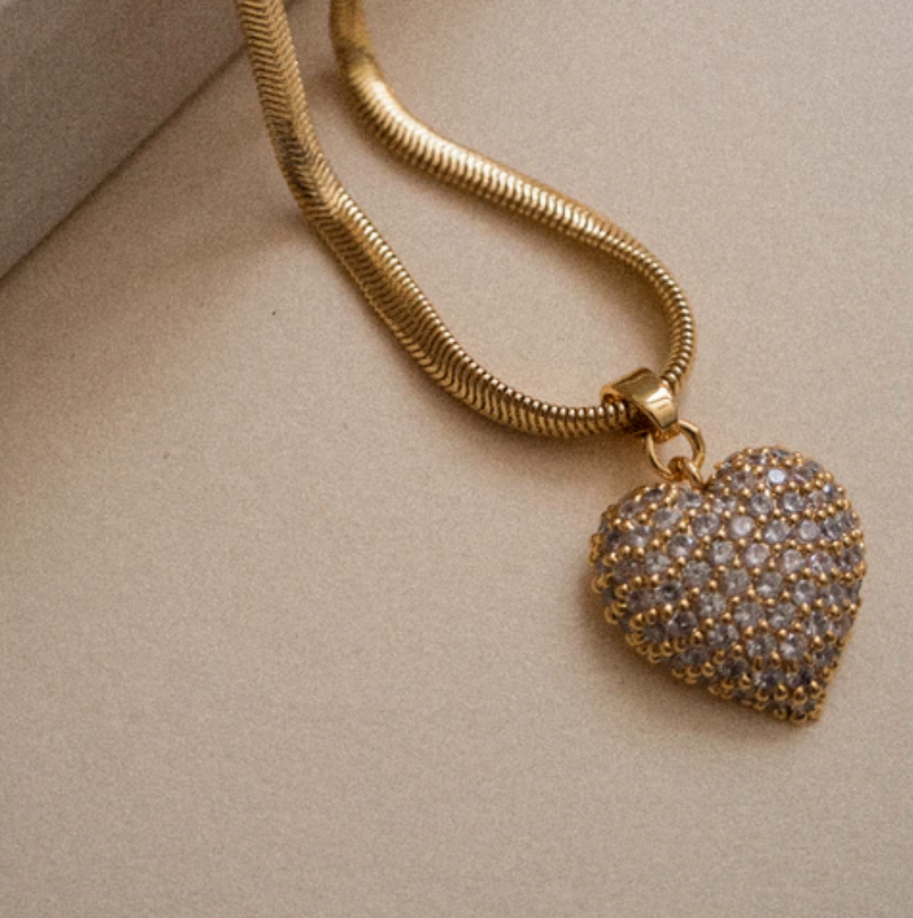 PAVE PUFFY HEART NECKLACE- GOLD