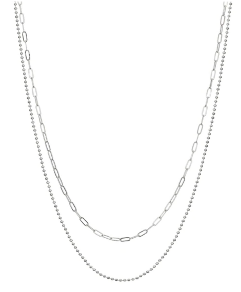 BEADED DOUBLE CHAIN CHARM NECKLACE- SILVER
