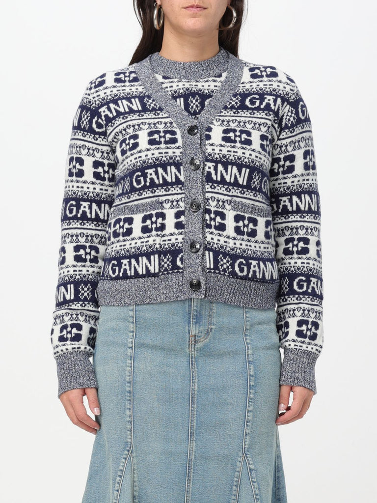 GANNI K2093 BLUE LOGO WOOL CARDIGAN