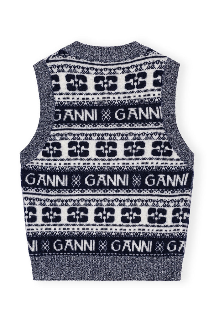 GANNI K2092 BLUE LOGO WOOL MIX VEST