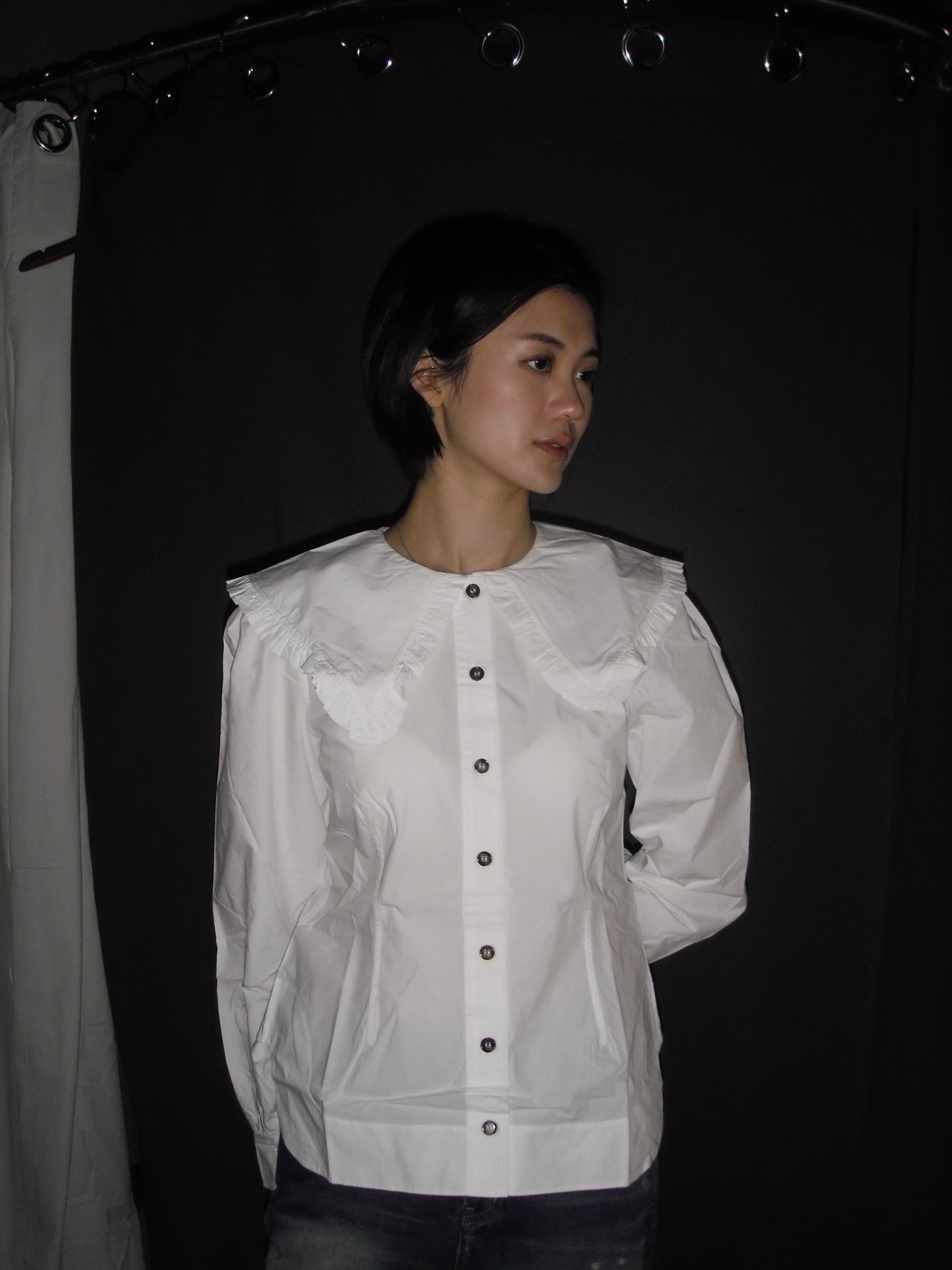 Bright White Cotton Poplin V-neck Frill Collar Shirt | GANNI US