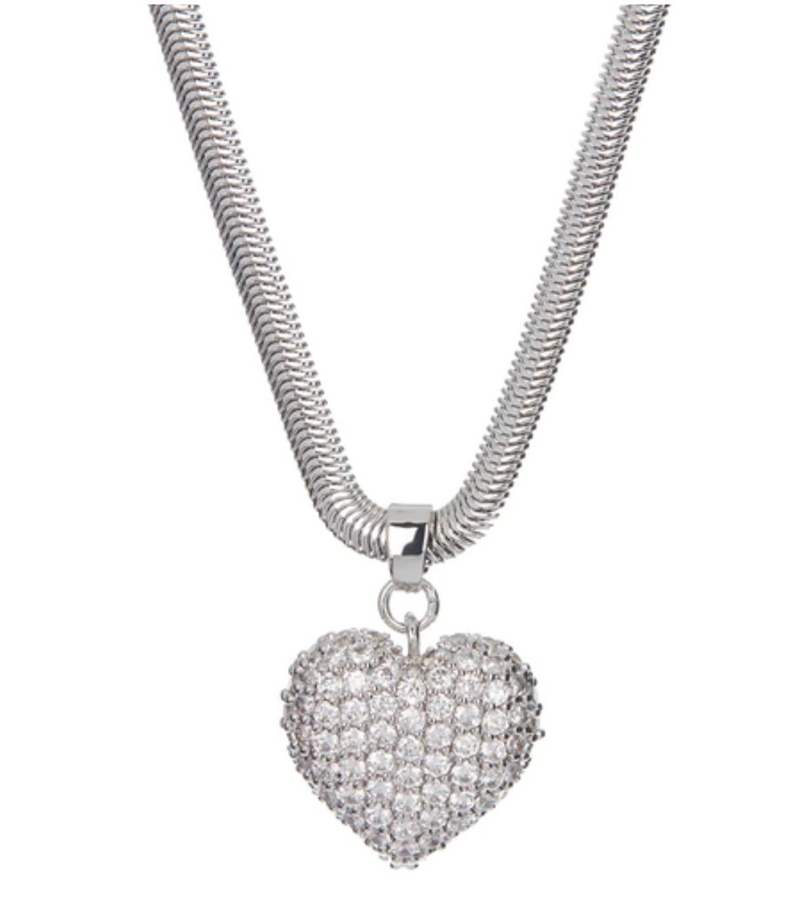 PAVE PUFFY HEART NECKLACE- SILVER