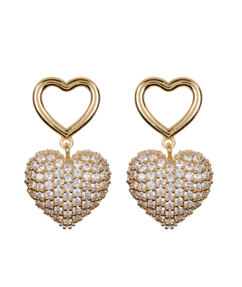 PAVE PUFFY HEART EARRINGS- GOLD