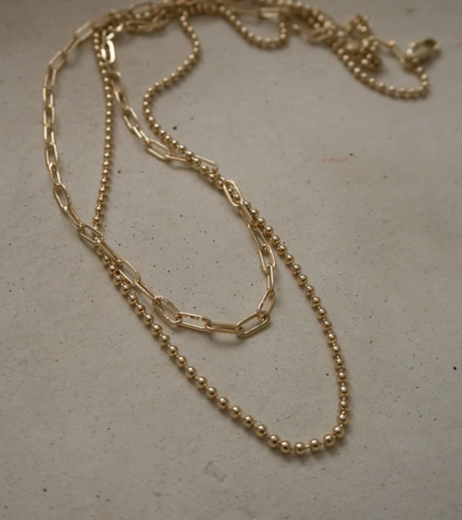 BEADED DOUBLE CHAIN CHARM NECKLACE- GOLD