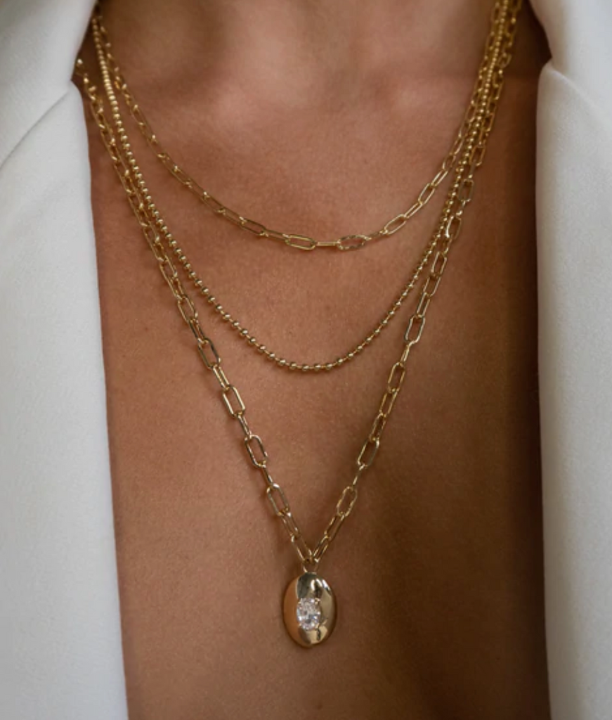 BEADED DOUBLE CHAIN CHARM NECKLACE- GOLD